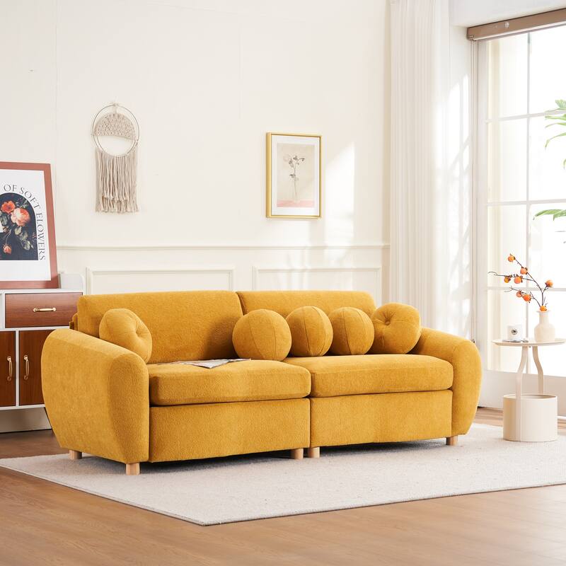 Modern Tufted Chenille Loveseat, Futon Sectional Love Seat Couch, Upholstered Sofa with 2 Pillows & 3 Lumbar Pillows