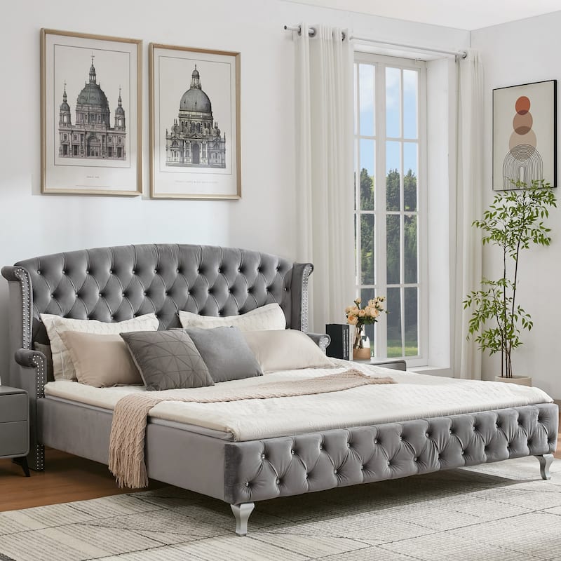 Christopher Knight Home - Larkswood Velvet Upholstered King Size Bed Frame with Wingback Headboard - Dark Grey