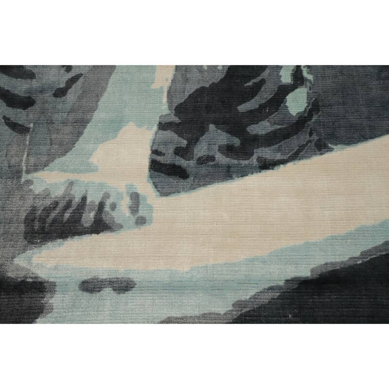 Hand Knotted Oriental Viscose Silk Carpet Modern Pictorial Navy Blue & Blues Abstract Area Rug - 7' 10'' X 5' 9''