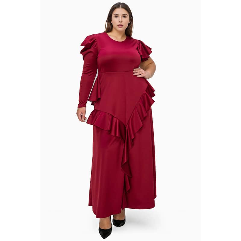 L I V D Plus Size Vivienne Ruffled Maxi Dress - 3X - Burgundy