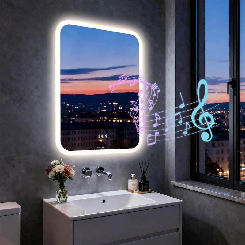 Bluetooth Speaker Smart LED Illuminated Tempered Glass Lighted Bathroom Mirror Backlight Wall Makeup Mirror - 27.56" x 35.43"