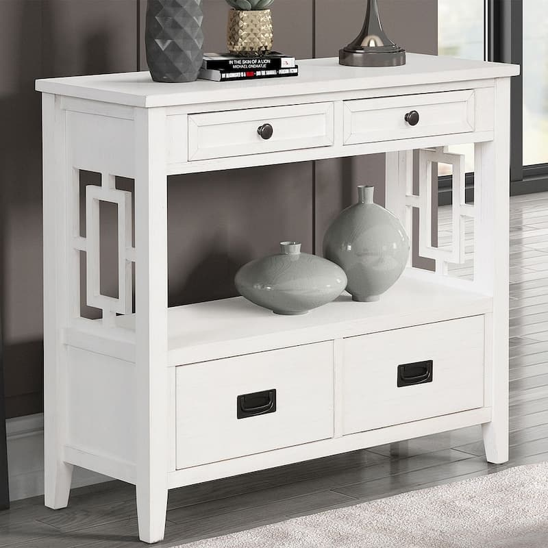 36" Pine Wood Console Table with Drawers and Shelves