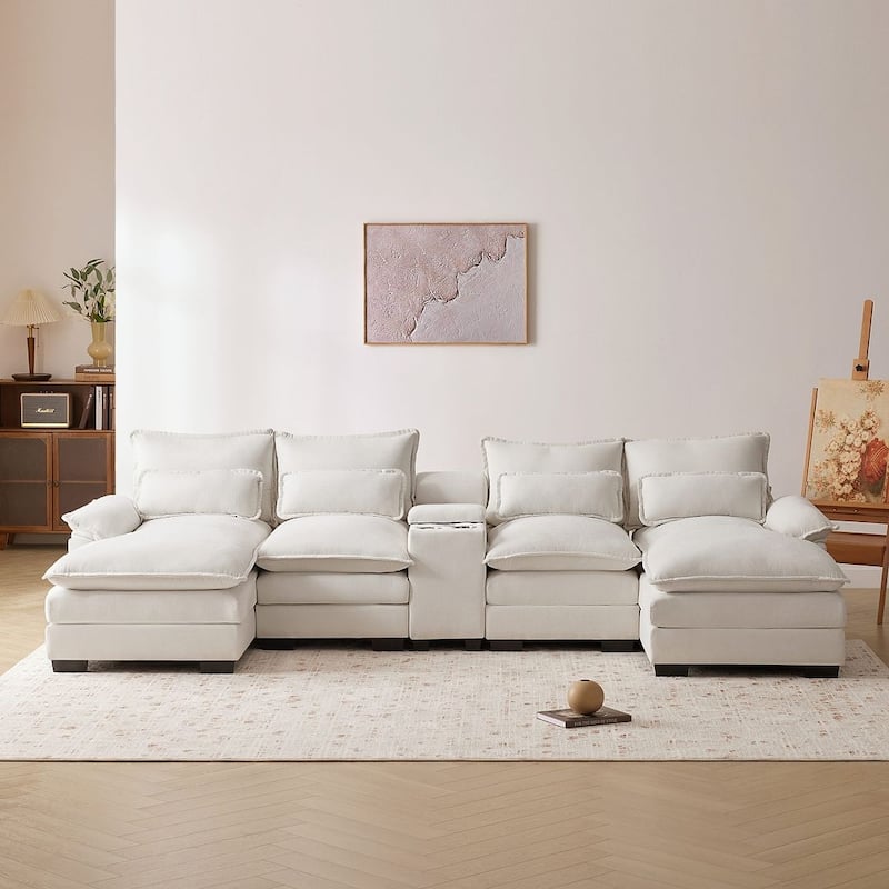 123"W modern u-shaped living room upholstered sofa with console, cup holders and USB ports