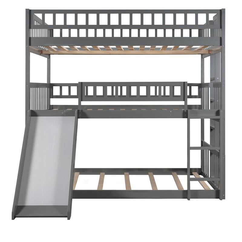 Triple Bunk Bed with Built-in Ladder, Slide, and Guardrails, Gray