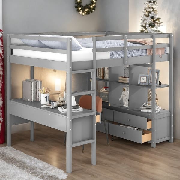 slide 2 of 19, Stylish & Multifunctional Design Full Size Loft Bed with Built-in Desk with 2 Drawers, and Storage Shelves, Space Saving, Grey Grey
