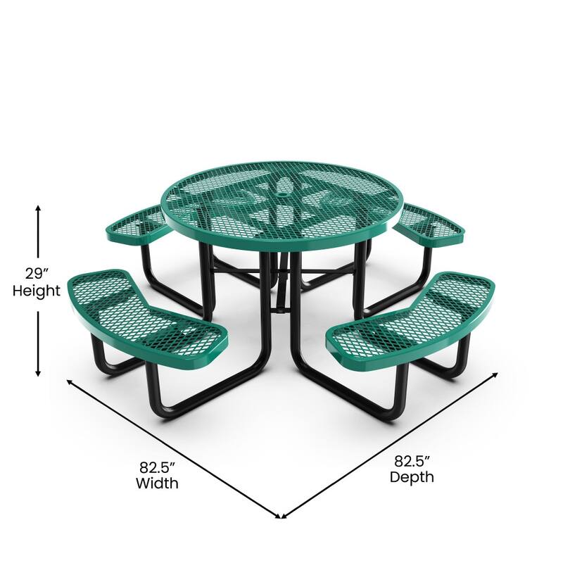 Commercial Grade Expanded Mesh Metal Outdoor Picnic Table with Anchors - 82.5"D x 82.5"W x 29"H