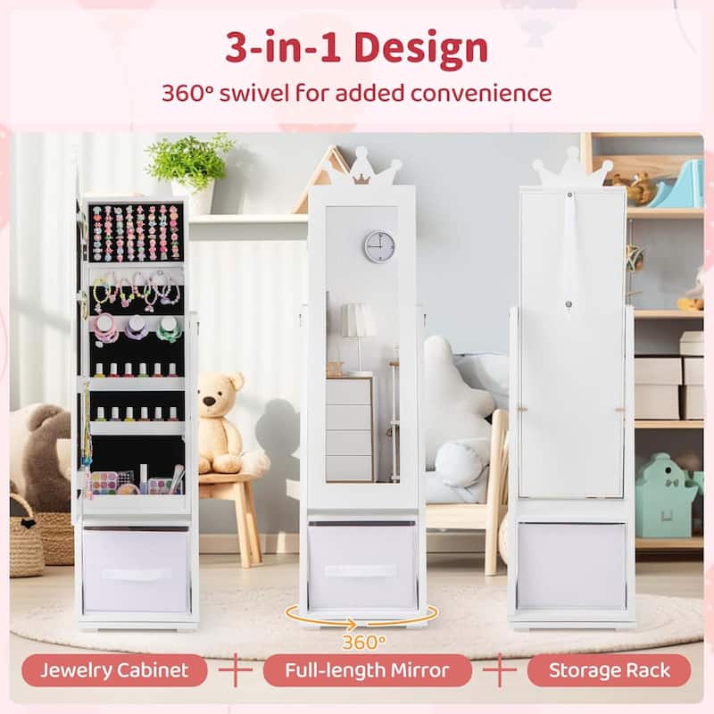 Swivel Kids Jewelry Cabinet Full Length Mirror Jewelry Armoire Shelf