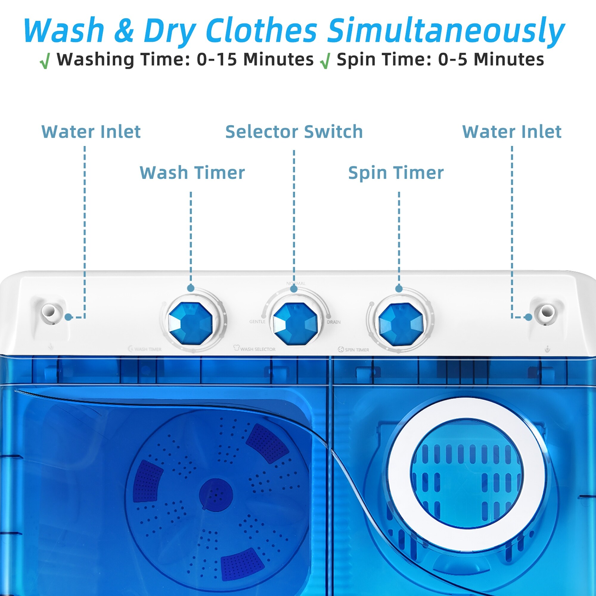 Costway 26lbs Portable Semi-Automatic Washing Machine w/Built-In Drain Pump Grey