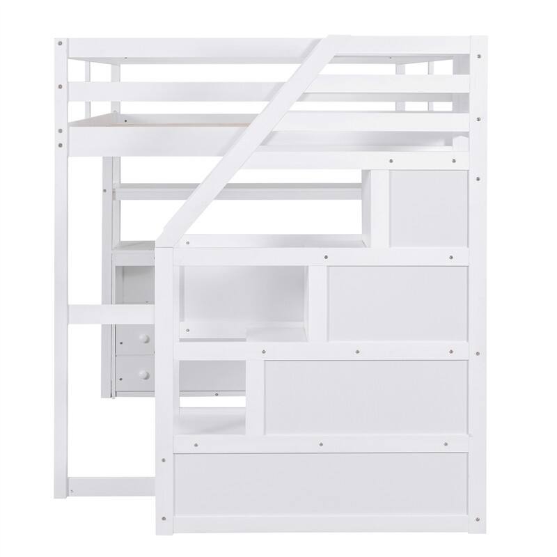 Twin/Full Size Stairway Loft Bed with Built-in Desk with Two Drawers, Solid Wood Bed Frame with Storage Shelves for Kids Teens