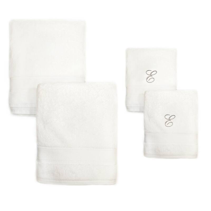 Authentic Hotel and Spa 4-piece White Turkish Cotton Towel Set with Silver Script Monogrammed Initial - White - E