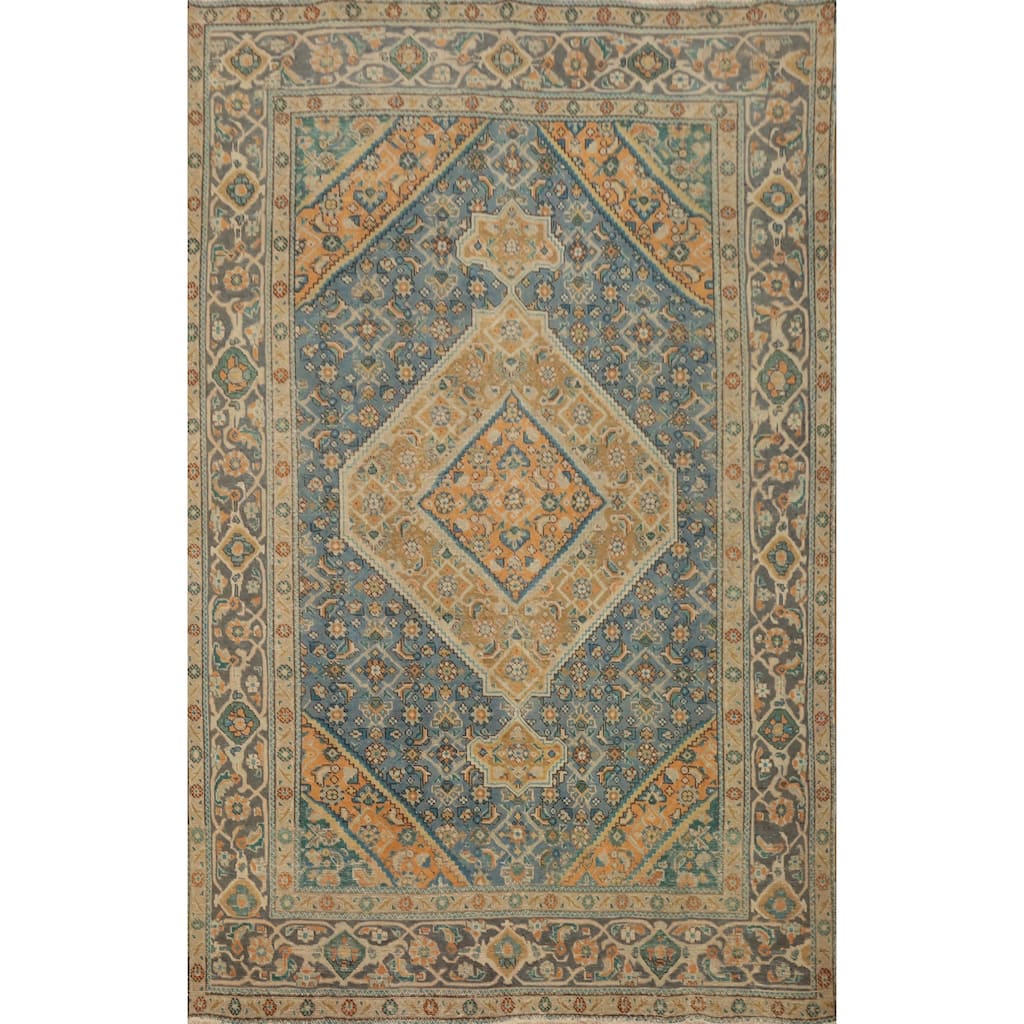 Hand Knotted Oriental 100% Wool Carpet Traditional Floral Navy Blue & Blues Tabriz Area Rug - 9' 0'' X 6' 4''