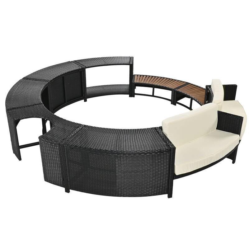 Outdoor Patio Rattan Furniture Set, All Weather Round Conversation Sofa Set with Acacia Wood Seat and Waterproof Cushion