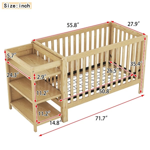 Natural Convertible Crib/Full Size Solid Wood Bed with Changing Table, Adjustable Height, 2-in-1 Nursery Bed