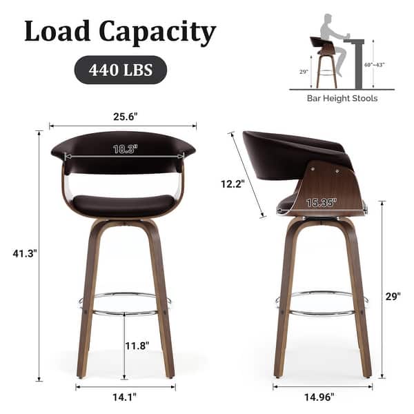 dimension image slide 10 of 14, 26"/29" Faux Leather Swivel Bar Stools, Wood Counter Stool