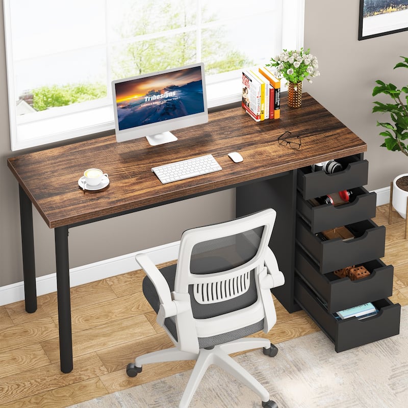 47-inche Computer Desk Study Writing Table with 5 Drawers for Home Office - Brown+Black