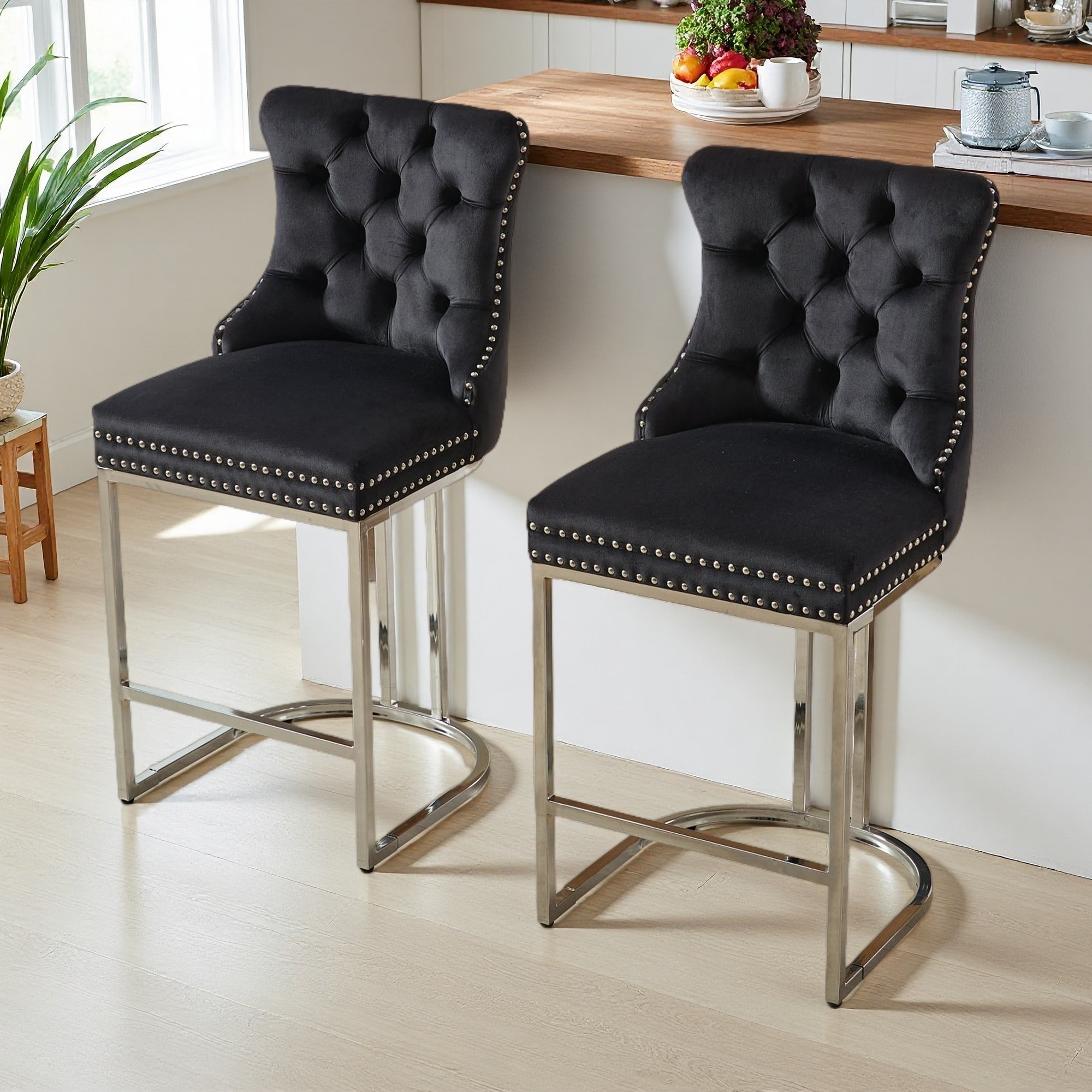 38.32"H Set of 2 Velvet Upholstered Bar Stools with Button Tufted High Back & Rivet Trim-Wingback Design, Chrome Metal Legs
