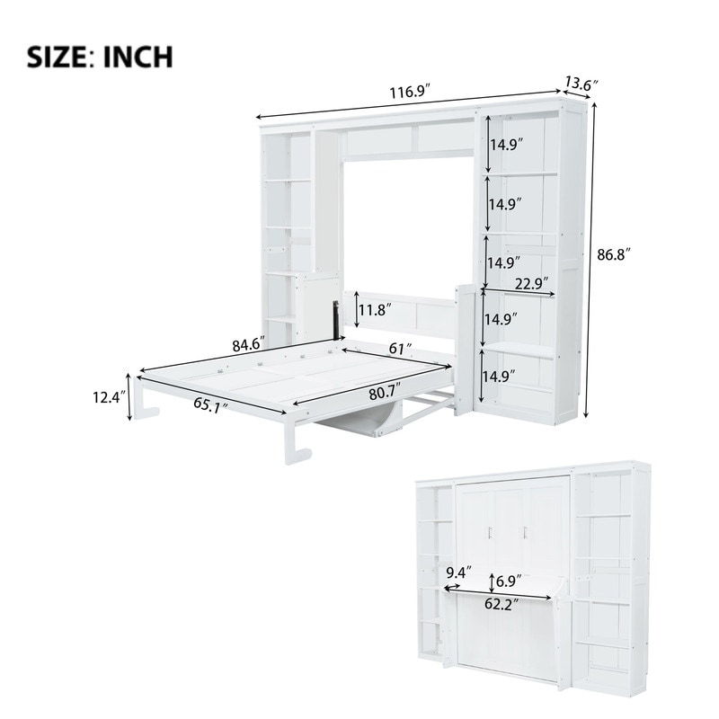 Murphy Bed with Desk and Bookshelf,Full/Queen
