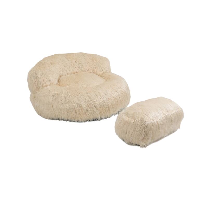 Plush Upholstered Round Comfort Lounger Bean Bag Chair with Ottoman