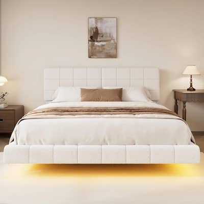 White Bouclé Floating Bed with Ambient Light