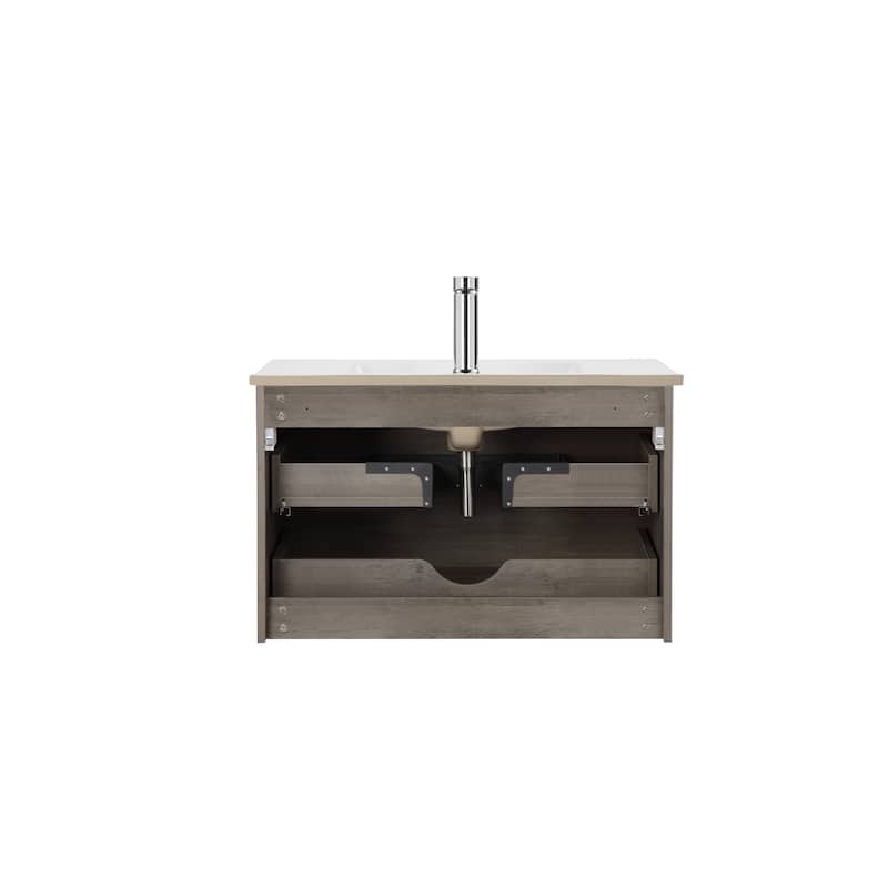 32" Wall-Mounted Bathroom Vanity with Double Drawers,White Sink,Mirror