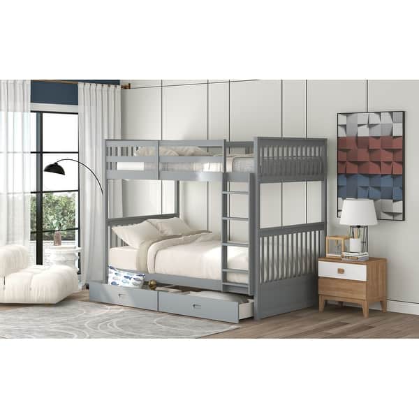 slide 2 of 17, Twin-Over-Twin Classic Wooden Bunk Bed with Storage Gray