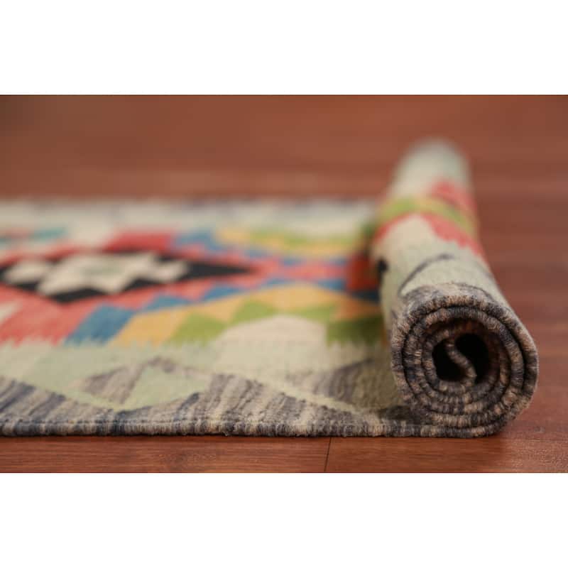 Hand Woven Oriental 100% Wool Carpet Southwestern All-Over Multi-Colored Kilim Runner Rug - 12' 10'' X 2' 7''