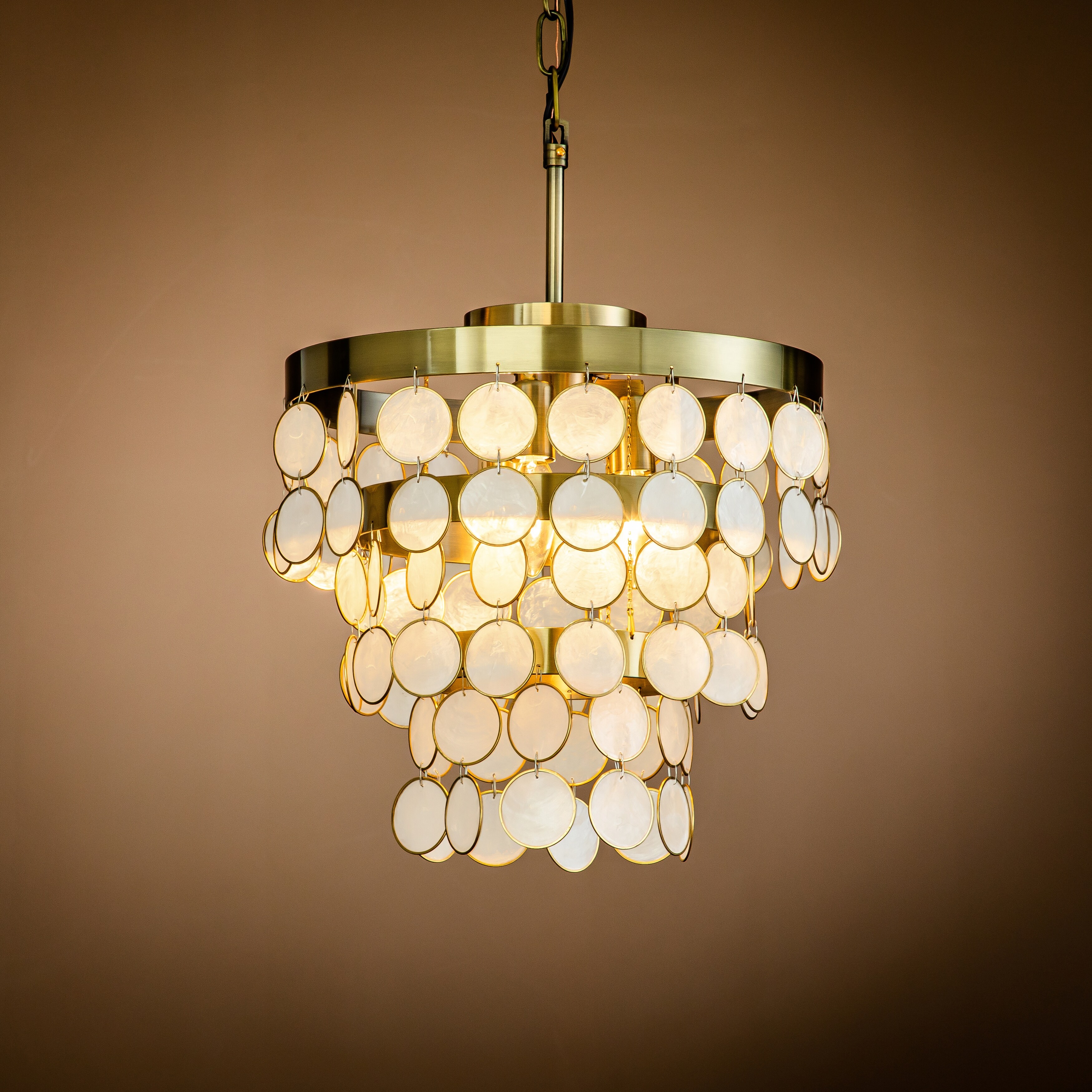 3-Light Round Coastal Capiz Shells Tiered Chandelier With Antique Gold  Metal And Natural Seashell 
