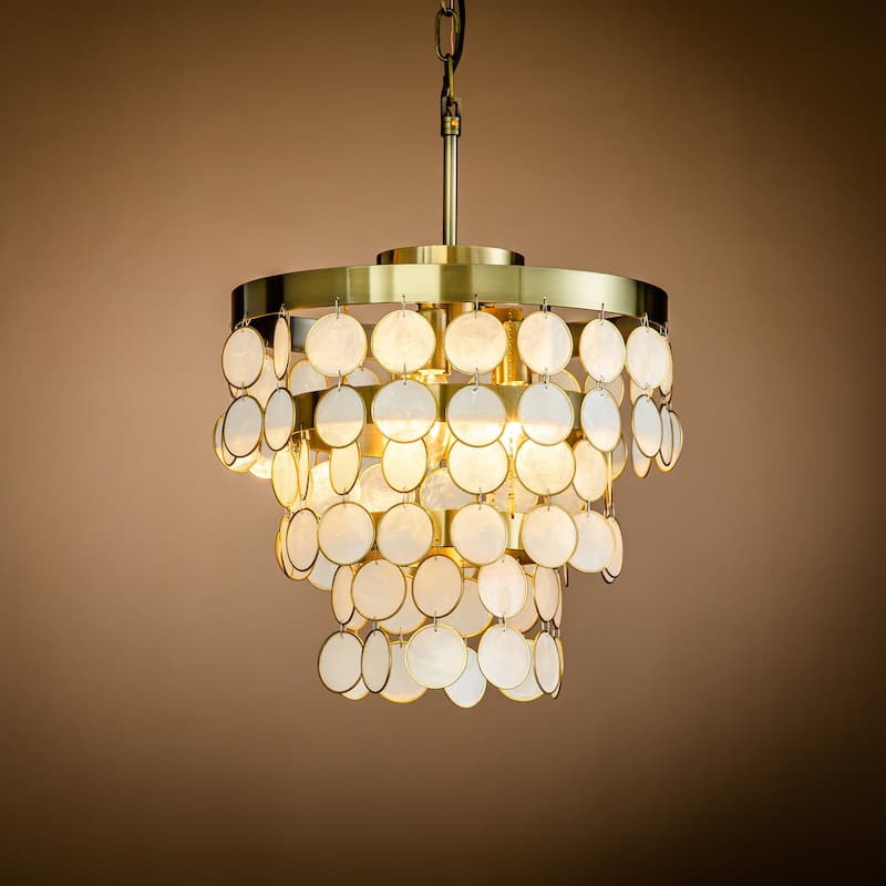 4-Light Round Coastal Capiz Shells Tiered Chandelier With Antique Gold Metal-Open Box