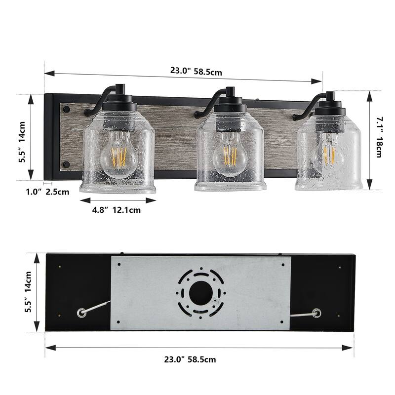 23" Farmhouse Vanity Light Fixture, 3-Light Bathroom Wall Sconce with Clear Seeded Glass Shades, Black and Wood Grain Finish