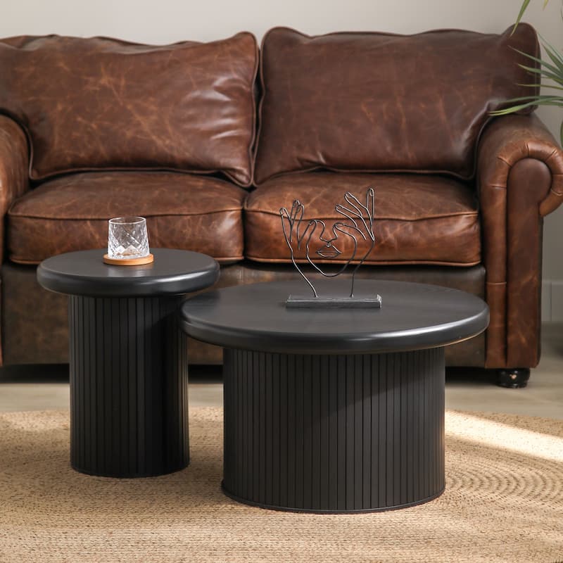 Modern Round Coffee Table Set - Dual Table Combination with Unique Fluted Table Leg Design, Stylish Living Room Furniture