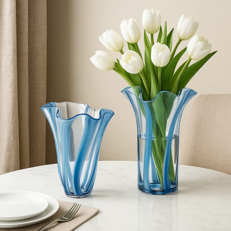 Blue Striped Handblown Glass Set of Two Scalloped Edge Vases