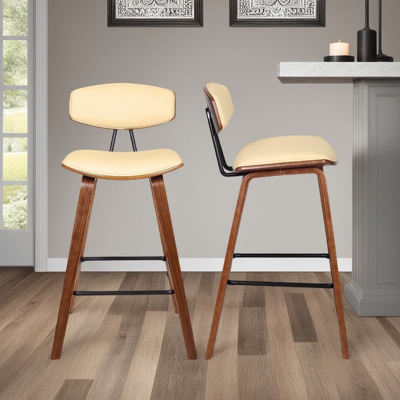 Fox Mid-Century Bar Stool, Upholstered Counter Height Chair with Bentwood Legs - Set of 2 - Cream & Walnut - Bar Height