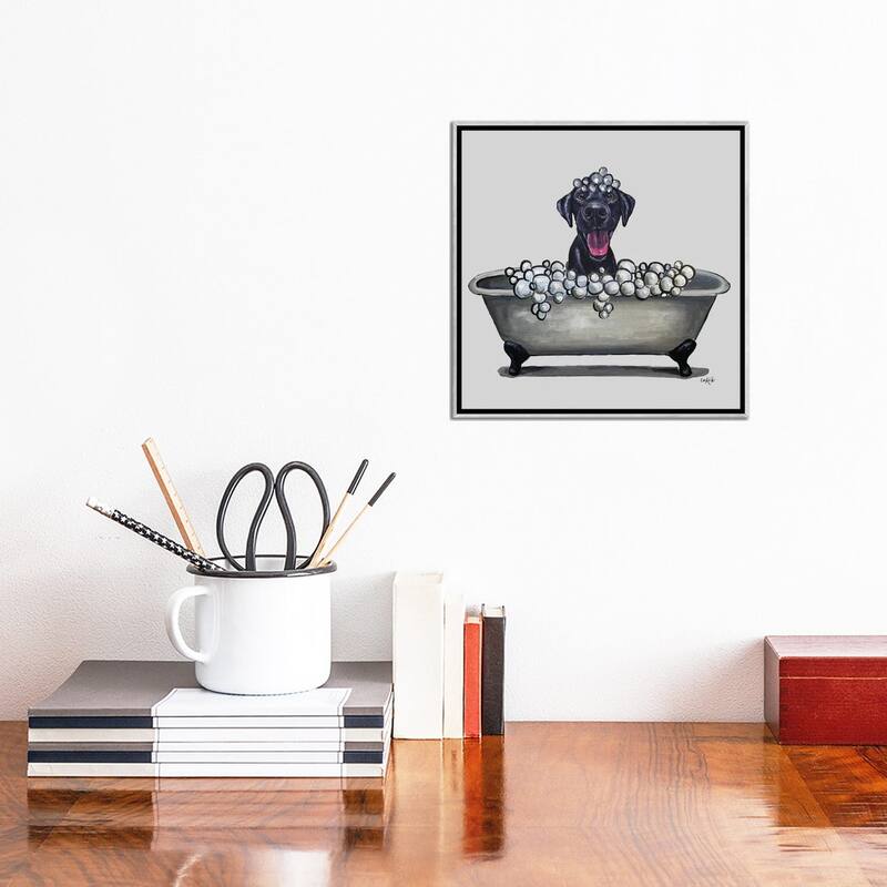 iCanvas "Dogs In The Tub Series, Black Lab In Bathtub" by Hippie Hound Studios Framed