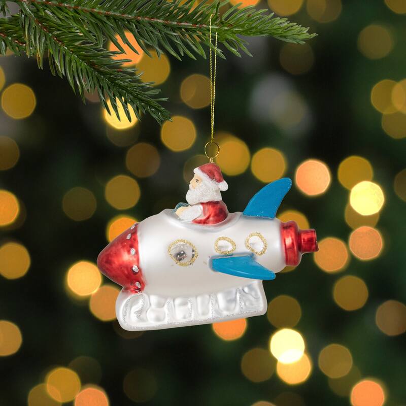 Santa in a Rocket Ship Glass Christmas Ornament - 4.25" - Silver