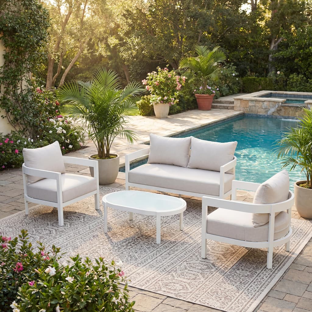 Christopher Knight Home - Modern 4-Piece Outdoor Aluminum Patio Conversation Set with Oval Glass Coffee Table & Thick Cushions