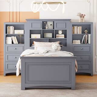Twin Wood Platform Bed with Storage Cabinet and Drawers, Grey