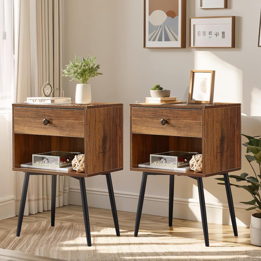 VECELO Nightstand Set of 2 Mid Century 1-Drawer Nightstand with Enclosed Open Shelf Multi-Color Options for Bedroom Living room
