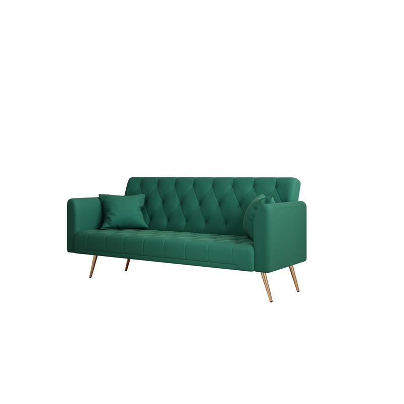 71'' Velvet Upholstered Convertible Folding Sofa Bed: Gold Metal Legs