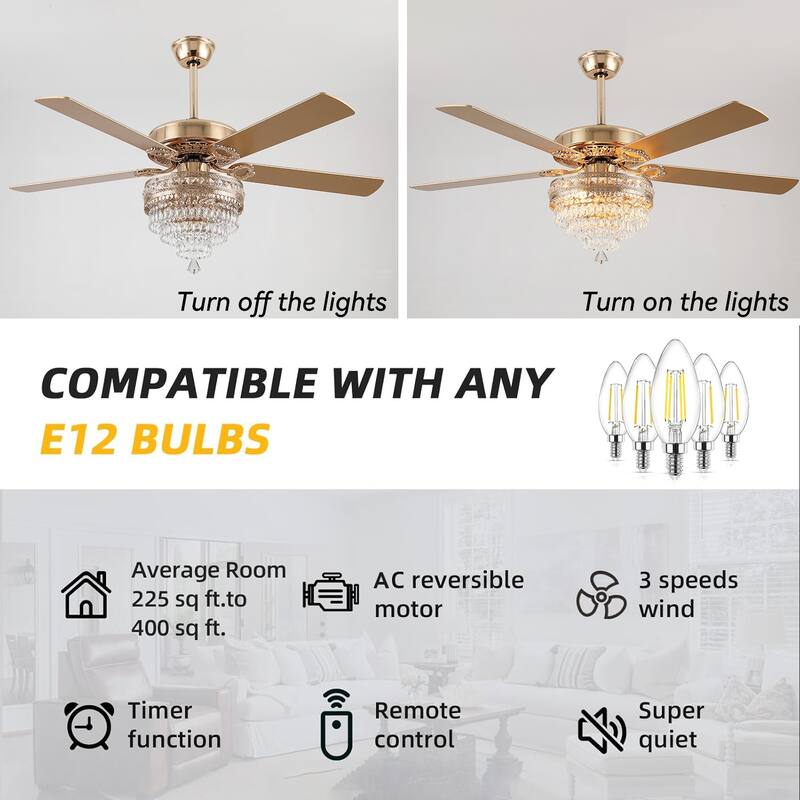 52 Inches Crystal Ceiling Fan Light,Chandelier,APP and Remote Control,5 Dual Side Plywood Blades,Reversible AC Motor - 52 Inches