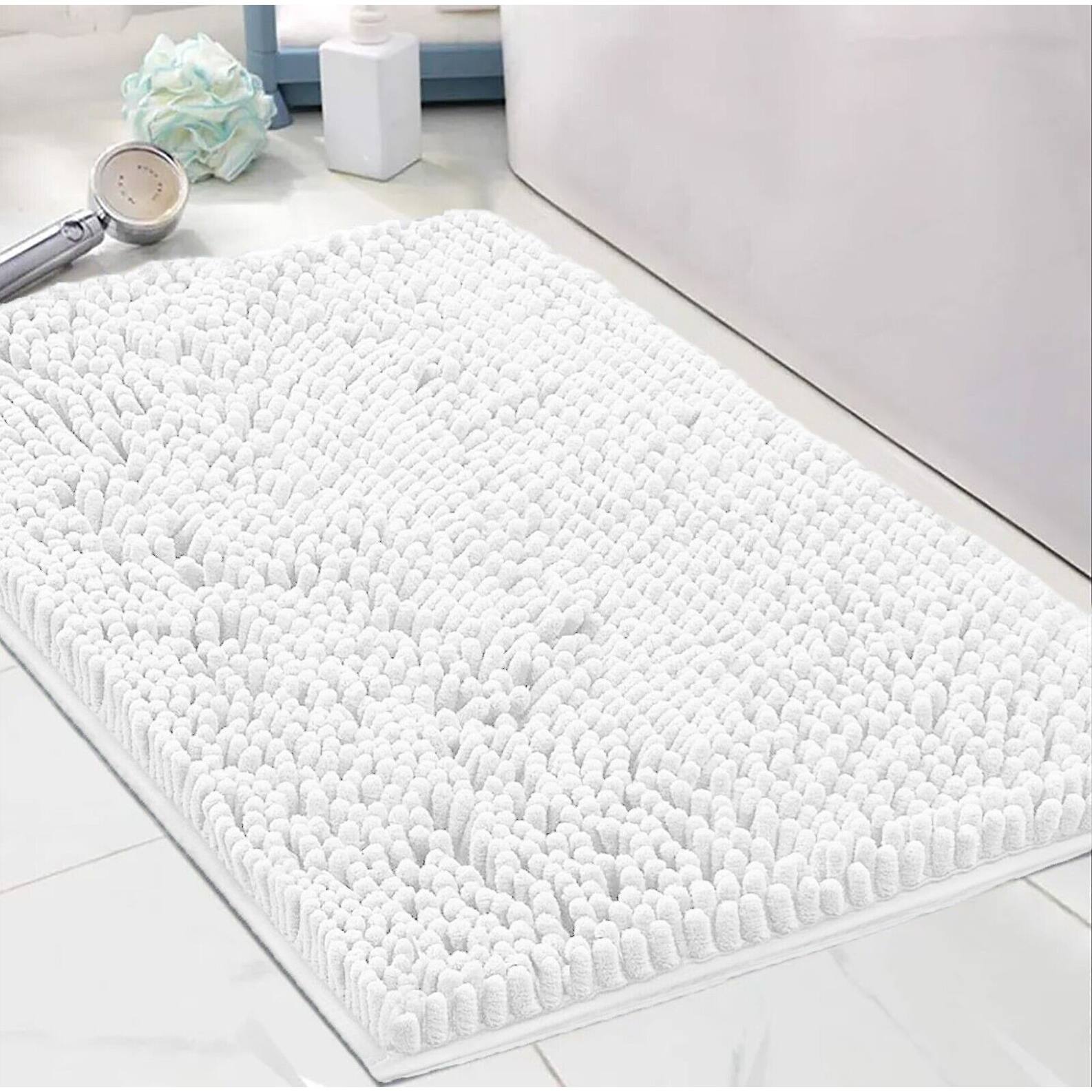 White Soft Cozy Plush Chenille Bath Mat Highly Absorbent Shower Mat Non