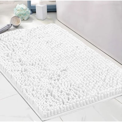 White Soft Cozy Plush Chenille Bath Mat Highly Absorbent Shower Mat Non Slip Bathroom Rug
