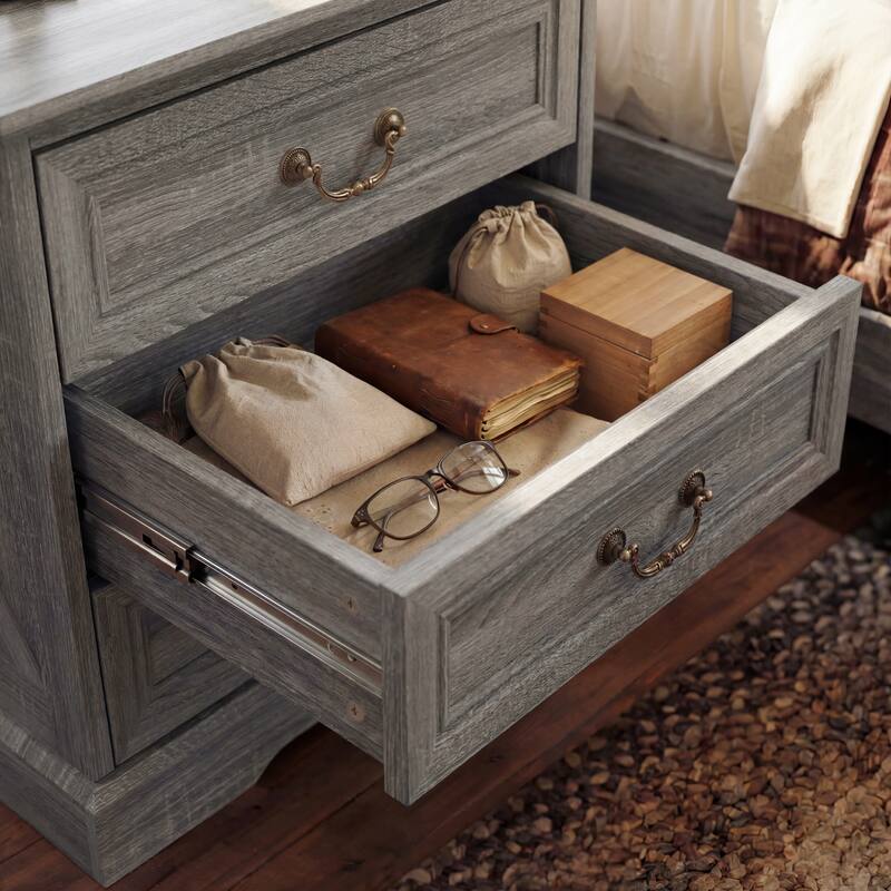 Farmhouse Nightstand with Charging Station, 3 Drawer Bedside Table with 2 AC Outlets & 2 USB Ports, Rustic Wood End Table
