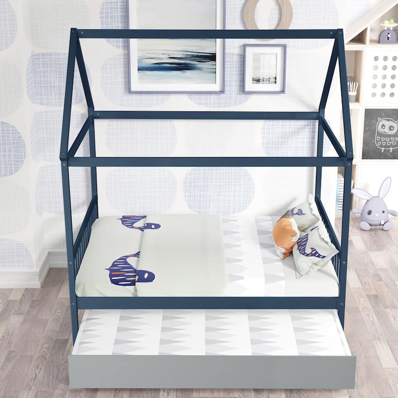 Blue Full Size Wood House Bed with Trundle, Roof and Fence for Kids, Boys and Girls