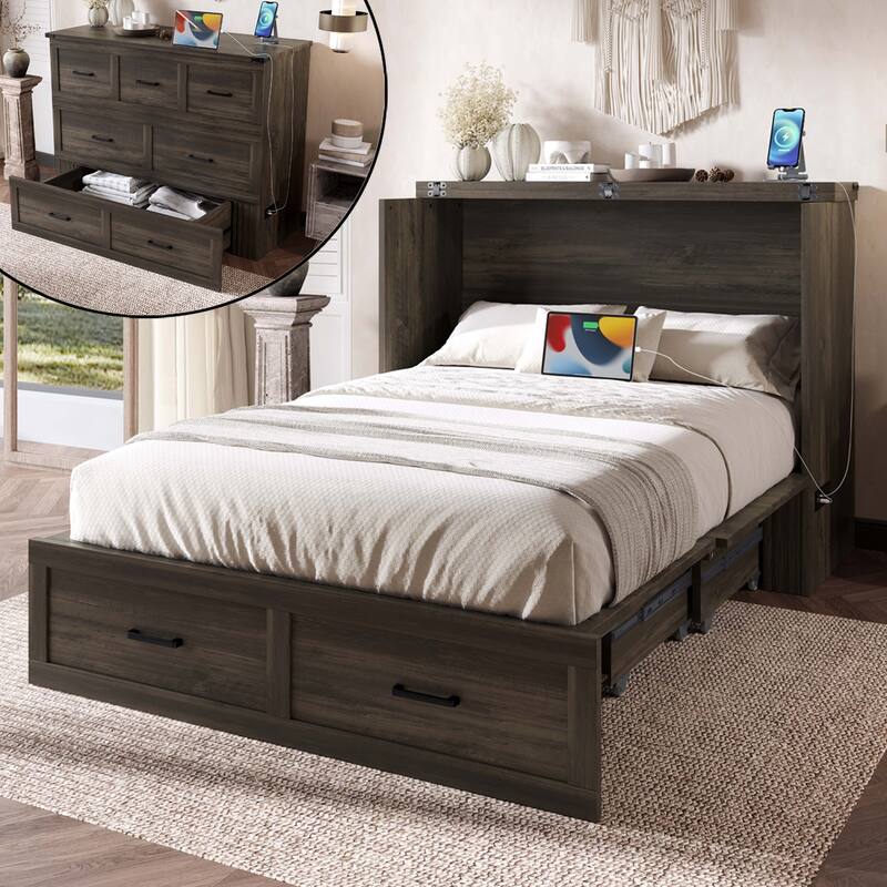 Full Size Foldable Cabinet Bed with Charging Station and Storage Drawer, Rustic Gray - Gray