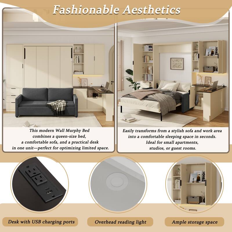 Queen Size Murphy Bed with Sofa, Space Saving Wall Bed with Desk Storage Shelves and Drawers for Home Office Pull Down Bed