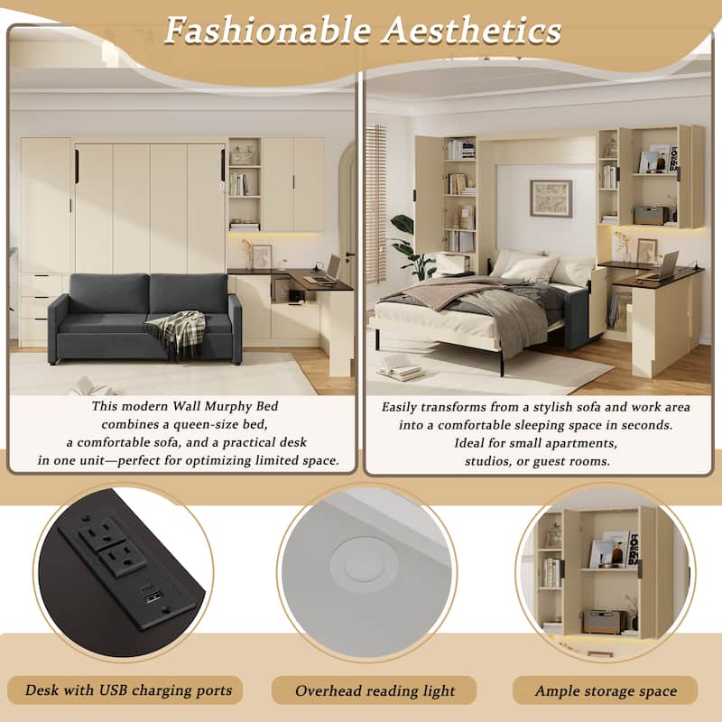 Queen Wall Murphy Bed with Hydraulic Lift Storage, Sofa, Shelves, Drawers, LED & USB Lighting for Small Spaces