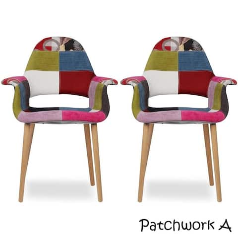 Set of 2 Patchwork Patterned Fabric Upholstered Vintage Accent Chairs High Back With Arms Living Dining Room Desk Bedroom