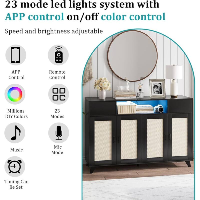 Sideboard Buffet Cabinet, 4 Rattan Doors 2 Drawers Accent Storage Cabinet