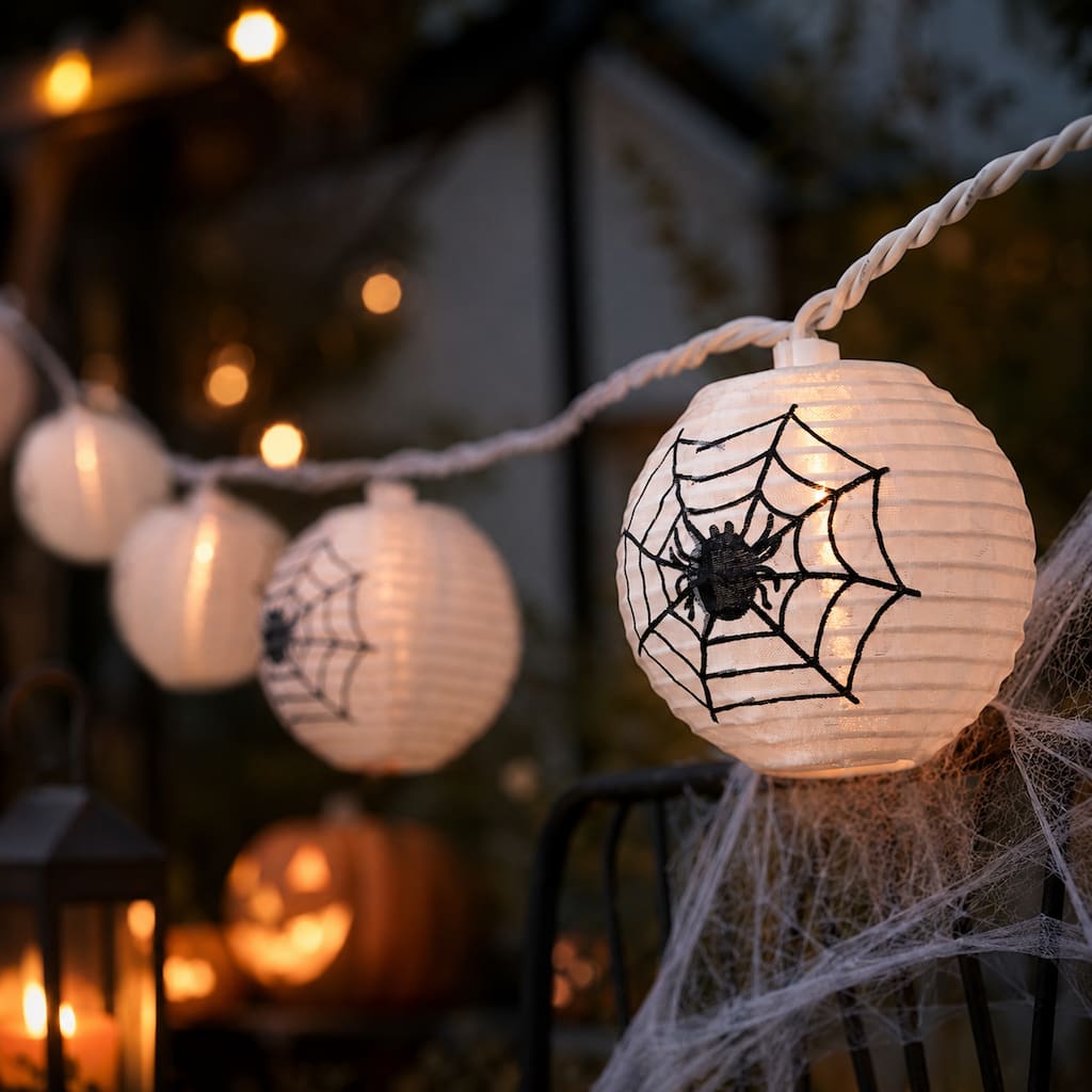10ct Black Spider Web Paper Lantern Halloween Lights 8.5ft White Wire