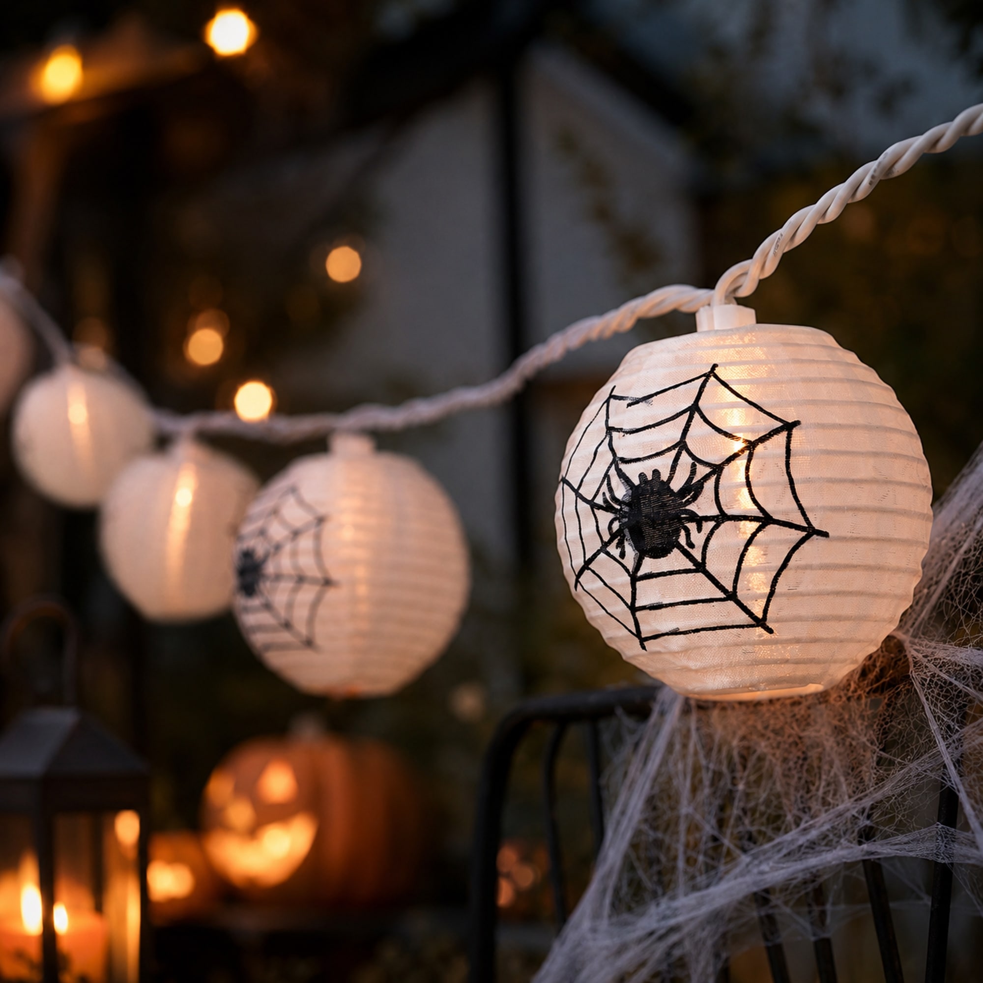 10ct Black Spider Web Paper Lantern Halloween Lights 8.5ft White Wire